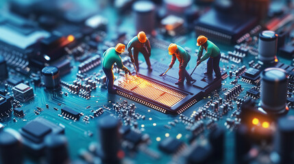 Tilt-shift photograph of tiny construction workers working on a circuit board, close-up, with a bokeh effect, 3D render