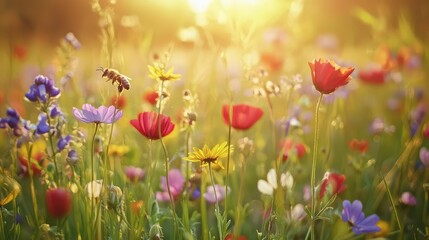 Fototapeta premium Close-Up of Bee Pollinating Wildflower in Vibrant Field