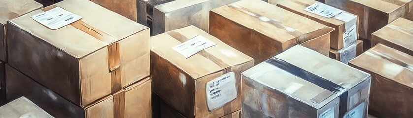 Close-up shot of assorted cardboard boxes with printed labels in a warehouse, digital watercolor style, soft edges and muted colors to convey a sense of organized chaos