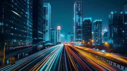 Fototapeta premium road in city with skyscrapers and car traffic light trails. infrastructure and transportation background