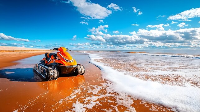 Jet Ski with Mounted Rescue Sled Parked on the Sandy Beach by the Vast Ocean Shoreline  Adventurous Water Sport and Recreational Equipment Concept