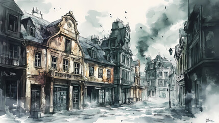 Urban nostalgia: a watercolor illustration of historical cityscape. Ink and Wash Painting. Illustration