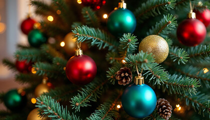 Christmas tree closeup background with fir branches, baubles and cones