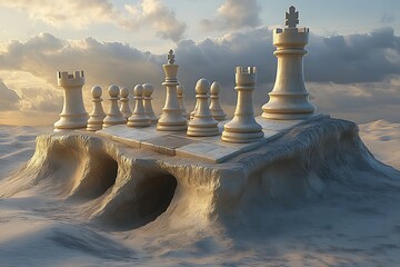A chessboard with pieces stands on a sand dune in a surreal desert landscape.
