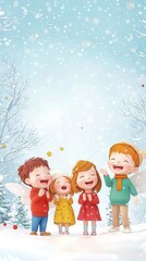 Fototapeta premium Whimsical Christmas fairy granting wishes, joyful children laughing in a snowy forest, 3D cartoon illustration