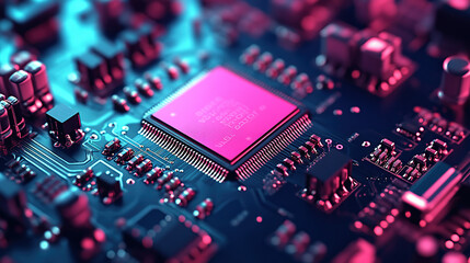 Close-up of a glowing microchip on a circuit board, with a chip in the middle