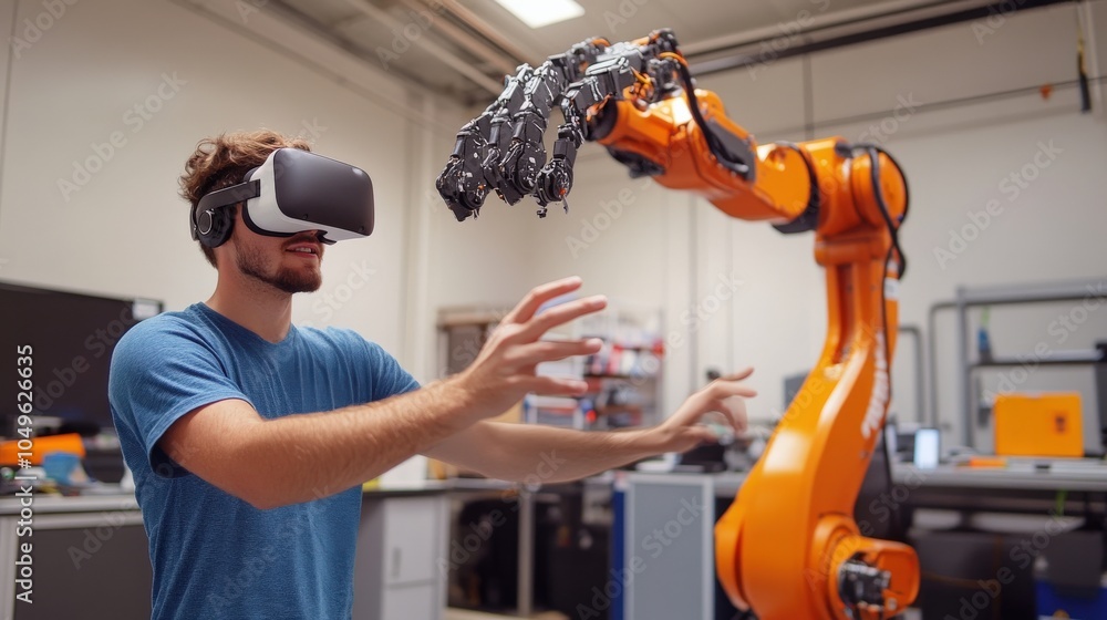 Poster an engineer wearing virtual reality goggles engages with a robotic arm in a laboratory setting, show
