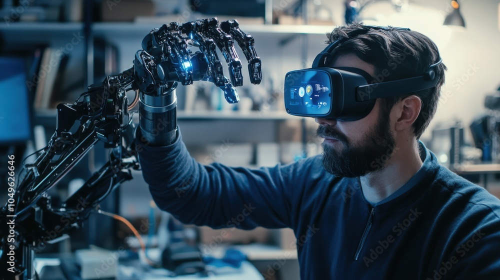 Poster an engineer wearing virtual reality goggles explores a robotic arm in a technology workshop, engagin