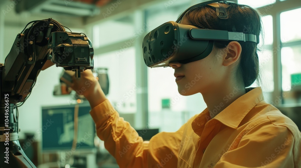 Poster an engineer wearing virtual reality goggles is closely interacting with a robotic arm, showcasing ad