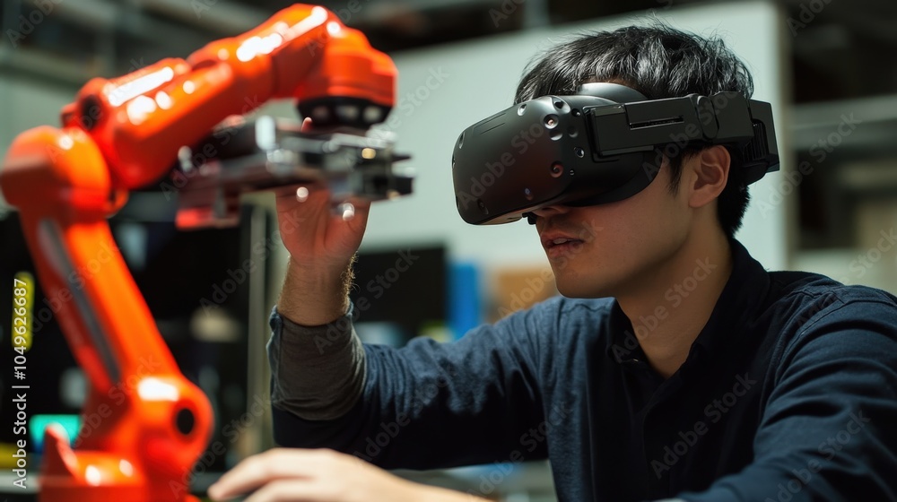 Poster the engineer, wearing virtual reality goggles, is engaged in manipulating a robotic arm within a tec