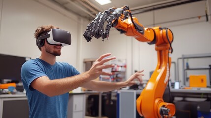 An engineer wearing virtual reality goggles engages with a robotic arm in a laboratory setting, showcasing advanced technology and interaction. The focus is on hands-on experimentation