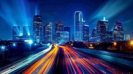 Obraz premium road in city with skyscrapers and car traffic light trails. infrastructure and transportation background