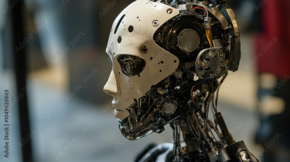 Aufkleber the humanoid robot's head is intricately designed with visible circuitry and components, highlightin