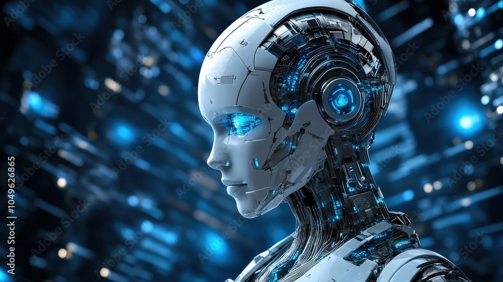 Poster a sophisticated artificial intelligence robot stands in a futuristic setting, highlighting its intri