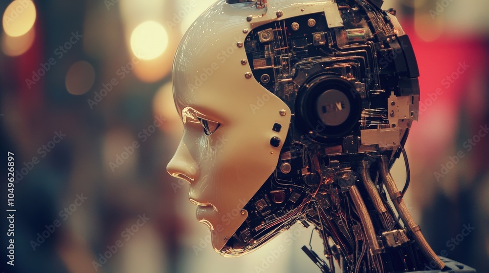 Aufkleber an advanced robotic head is on display, highlighting its detailed mechanical components. the setting