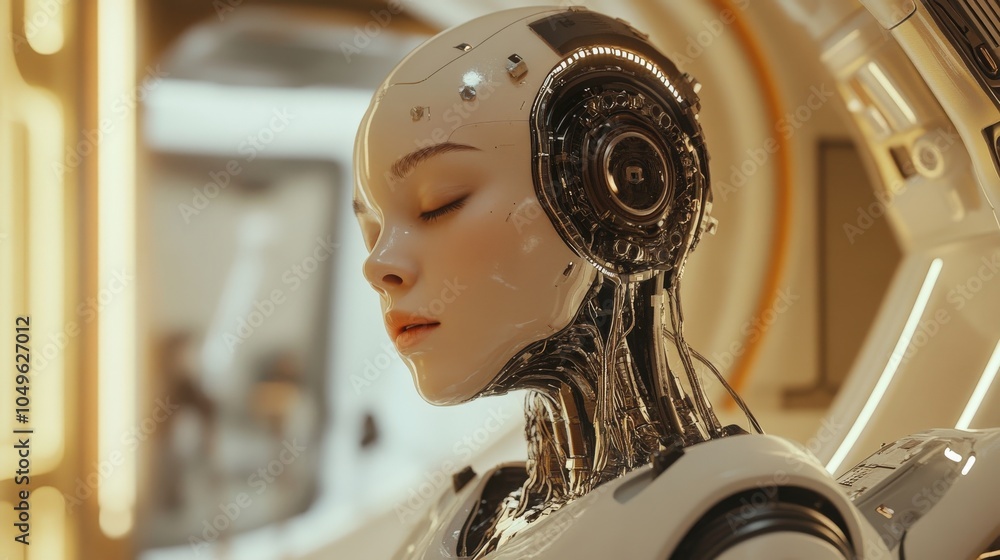 Poster a sophisticated artificial intelligence robot is depicted with a calm expression, showcasing its int