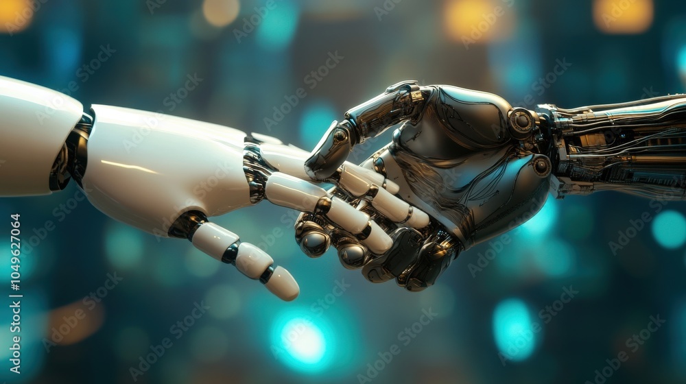 Poster two robotic hands connect in a moment of interaction, set against a vibrant digital backdrop, illust