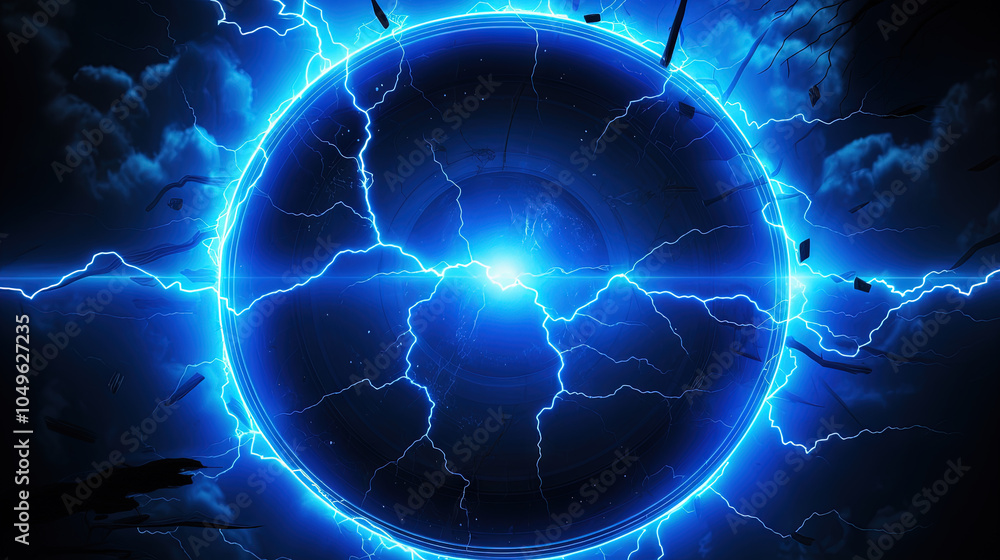 Poster lighting flash in the shape of circle. ring of thunderstorm lightning as a portal