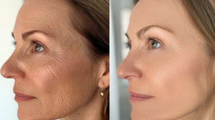 The image exhibits a side-by-side comparison of a person's face before and after receiving botox injections, highlighting the reduction of wrinkles and improved skin smoothness, facelift, surgery,skin