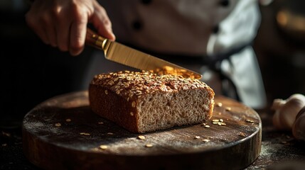 Closeup of a Baker Slicing a Loaf of Bread