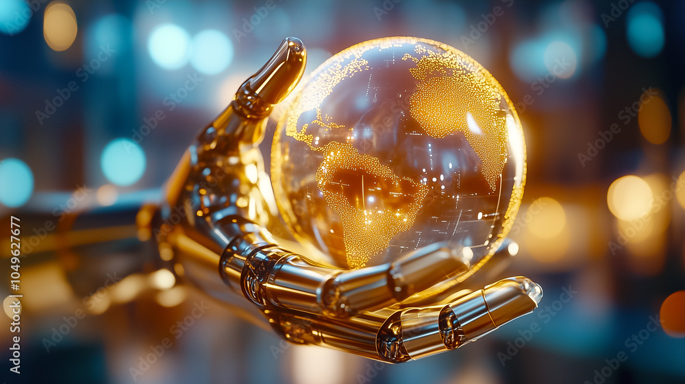 Poster a robotic hand extends toward a glowing digital globe representing worldwide data and innovation