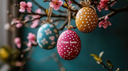 Obraz premium Easter eggs hanging from blooming branches wishing happy easter