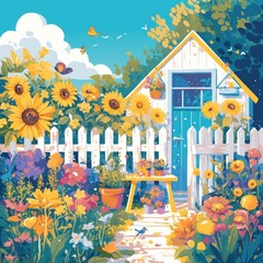 Colorful Summer Cottage Illustration with Sunflowers and Butterfly