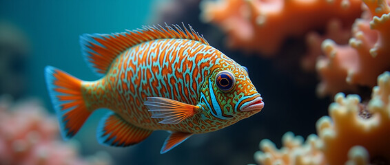 Drawing of sea life in a close-up of a vibrant reef fish with intricate patterns swimming among coral, showcasing its vivid colors