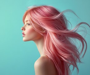 Naklejka premium Woman with long pink hair flowing in the wind