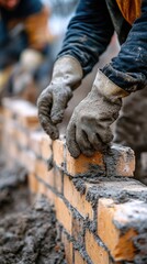 Obraz premium Construction worker laying bricks, building a wall with cement