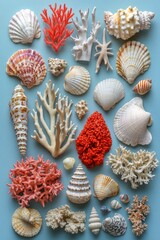 Variety of seashells and corals forming a still life on blue background