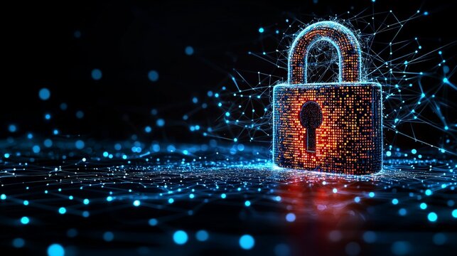 Flat padlock cracked by glowing red cyber code