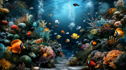 Drawing of sea life in a vibrant underwater scene of a reef during a feeding frenzy, with fish swarming and colors exploding