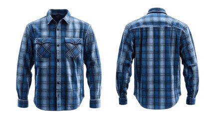 Classic blue plaid shirt featuring front and back views with double chest pockets
