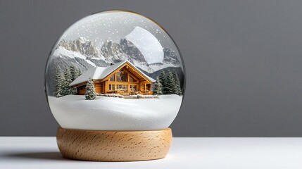 Snow globe with cozy mountain lodge, snow falling, white isolated background, watercolor style