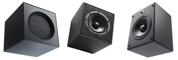 Three black audio speakers displayed on a white isolated background, showcasing unique designs for enhanced sound quality in home audio systems.