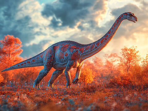 a vividly colored, cloud-filled sky at sunset, with a blue dinosaur standing in a field, facing left, and a bird flying in the background.