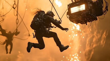 Stuntman Swinging from Rope During Intense Chase Scene in Lush Jungle Setting with Dramatic Lighting and Silhouette Shadow Effects