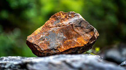 Fototapeta premium A single, weathered, brown and gray rock rests on top of another rock.