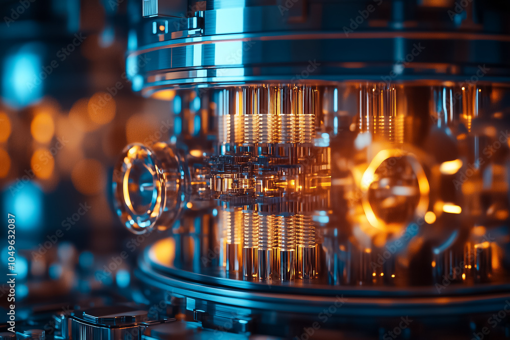 Poster glowing elements highlight complex quantum computing components, showcasing advanced tech designs an