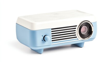 Retro-style projector, blue and white color, white isolated background.