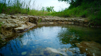 Obraz premium A small pool of clear water in a rocky area with green grass and a cloudy sky.