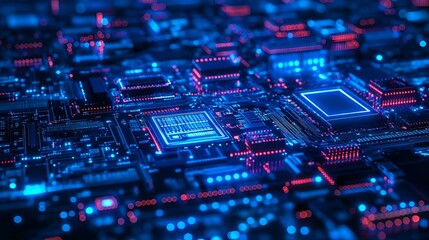 Obraz premium Modern Circuit Board Architecture in Neon Blue and Red Illumination Representing Digital Technology