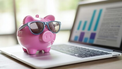 In the sunshine, a piggie bank sits on a sun lounger embracing financial freedom
