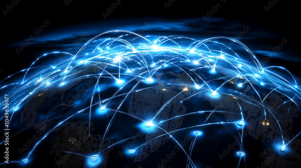 Poster visualizing the intricate web of global internet connections illuminated against a dark background