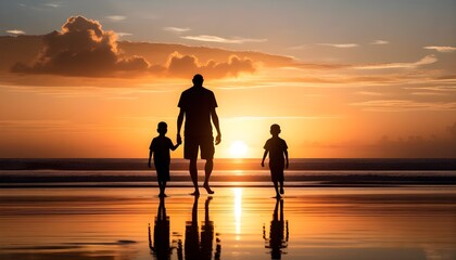 Obraz premium Father and son silhouettes against a vibrant sunset over the ocean