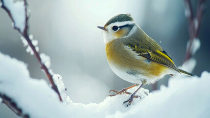 Obraz premium A small, green and white bird perches on a snow-covered branch in a winter forest.
