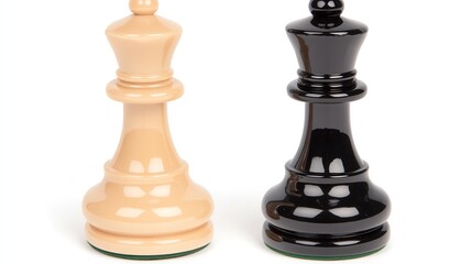 Two chess pieces, black and white, isolated on a white background