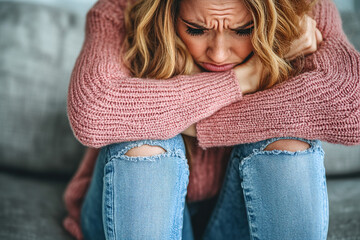 Close-Up of a Young Woman with a Sad Expression Sitting on Sofa, Hugging Knees in Depleted State During Renewal Period in Asian Culture &ndash; Seeking Comfort and Relief from Pain at Home