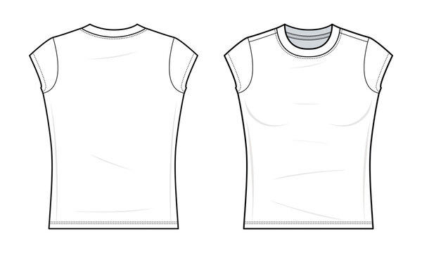 Dri FIT T-shirt flat technical fashion illustration.  Short sleeve Running shirt vector template illustration. front and back view. Slim fit. Sportswear. Women&rsquo;s. white color. CAD mockup.